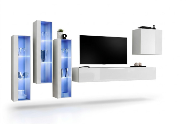 Unité murale de design blanc complet Sideboard 4x Armoire Meuble de télévision Meuble TV bas Stand TV