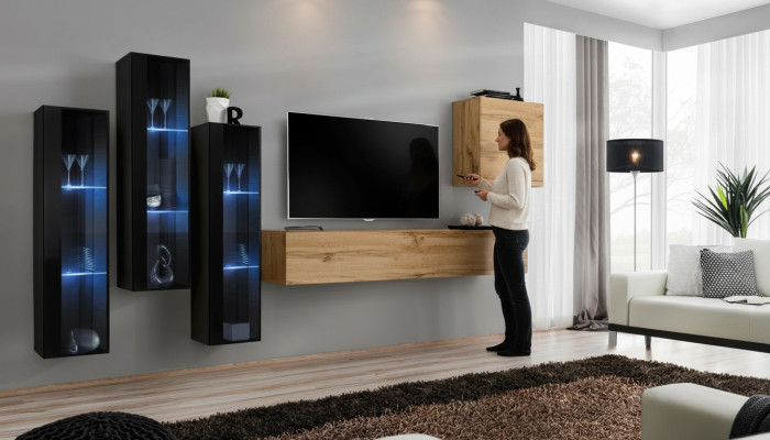 Unité murale moderne Stand de télévision Marron Armoire murale Meubles en bois Designer Brillant