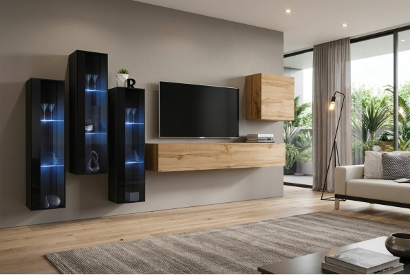 Unité murale moderne Stand de télévision Marron Armoire murale Meubles en bois Designer Brillant