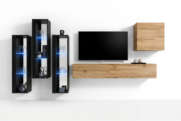Unité murale moderne Stand de télévision Marron Armoire murale Meubles en bois Designer Brillant