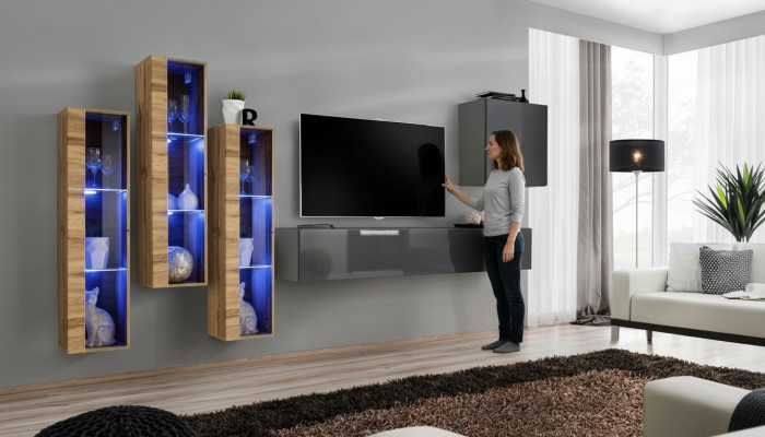 Unité murale de luxe en gris laqué brillant, meuble TV, bahut design pour salon.