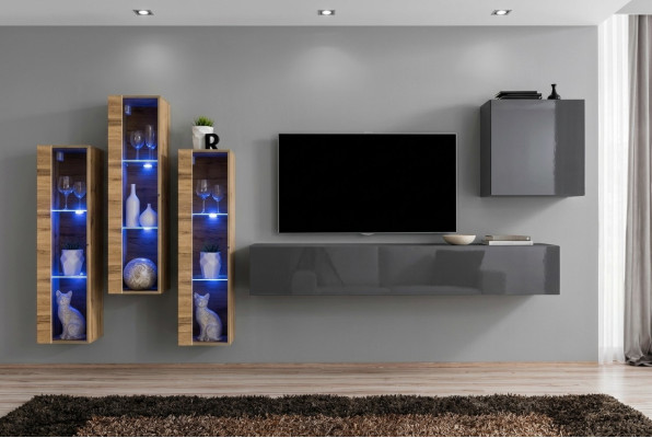 Unité murale de luxe en gris laqué brillant, meuble TV, bahut design pour salon.