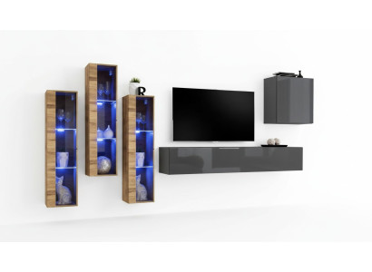 Unité murale de luxe en gris laqué brillant, meuble TV, bahut design pour salon.