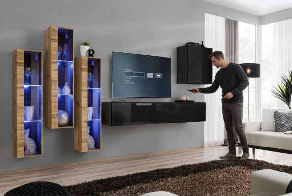 Unité murale Mobilier Salon De luxe Laqué TV Stand Noir Bois Complet Nouveau