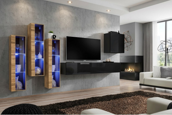 Unité murale Mobilier Salon De luxe Laqué TV Stand Noir Bois Complet Nouveau