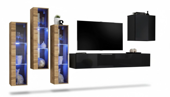 Unité murale Mobilier Salon De luxe Laqué TV Stand Noir Bois Complet Nouveau