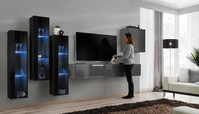 Designer unité murale gris Stand de télévision Complet Buffet brillant Armoire murale