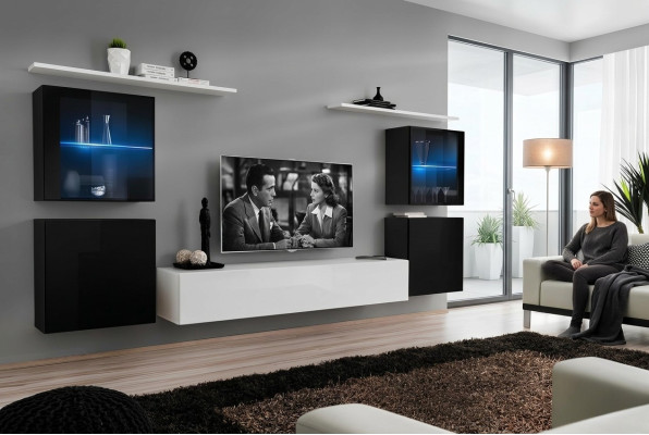 Unité murale étagères murales blanches Meuble TV Buffet complet Mobilier laqué brillant