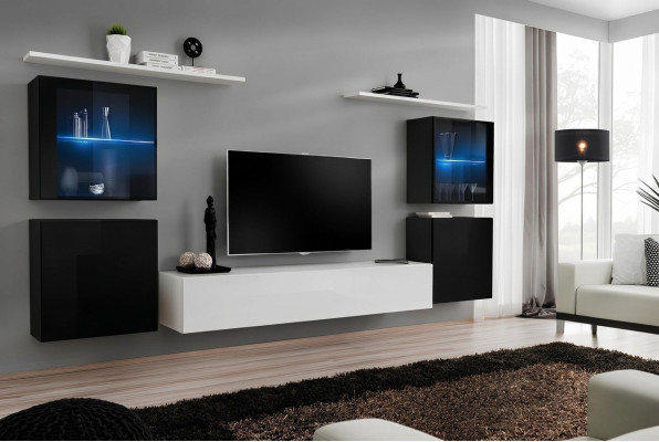Unité murale étagères murales blanches Meuble TV Buffet complet Mobilier laqué brillant