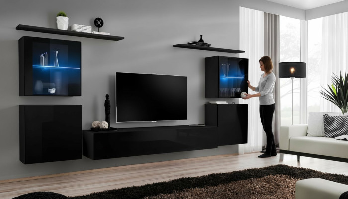 Unité murale noire Mobilier de salle de séjour Armoire murale de luxe Complète Designeur nouveau