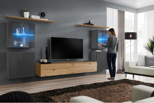 Designer Braun Wandelement Wandregale Kleiderschrank Wohnzimmer Holzmöbel Stil Modern