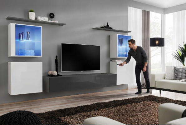 Ensemble de 7 pièces composé d'une unité murale, d'un bahut de luxe, d'un meuble TV, d'une faible armoire basse, d'étagères murales et d'une armoire murale.