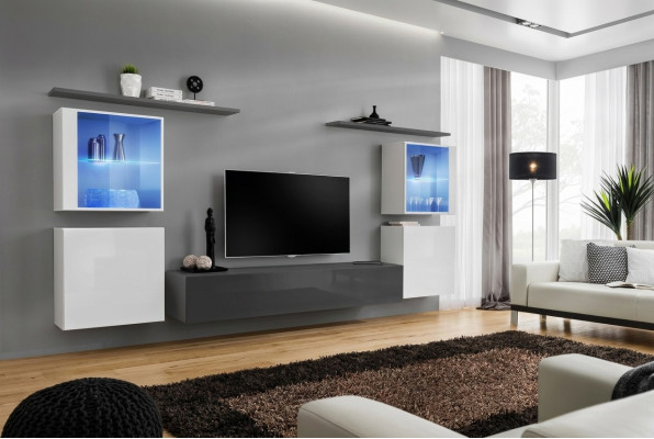 Ensemble de 7 pièces composé d'une unité murale, d'un bahut de luxe, d'un meuble TV, d'une faible armoire basse, d'étagères murales et d'une armoire murale.