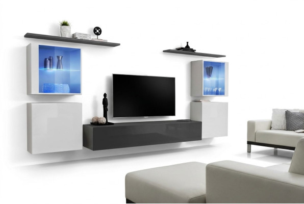 Ensemble de 7 pièces composé d'une unité murale, d'un bahut de luxe, d'un meuble TV, d'une faible armoire basse, d'étagères murales et d'une armoire murale.