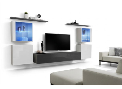 Ensemble de 7 pièces composé d'une unité murale, d'un bahut de luxe, d'un meuble TV, d'une faible armoire basse, d'étagères murales et d'une armoire murale.