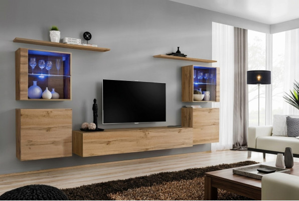 Ensemble de luxe composé de 7 pièces. Armoire murale de salon, étagères murales en bois, groupe de mobilier.