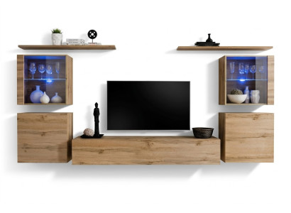 Ensemble de luxe composé de 7 pièces. Armoire murale de salon, étagères murales en bois, groupe de mobilier.