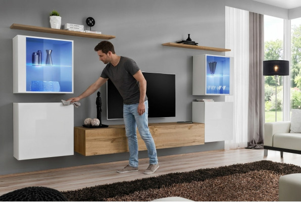 Ensemble complet de meuble TV Braun 4 pièces, mobilier de salon design, étagères murales.