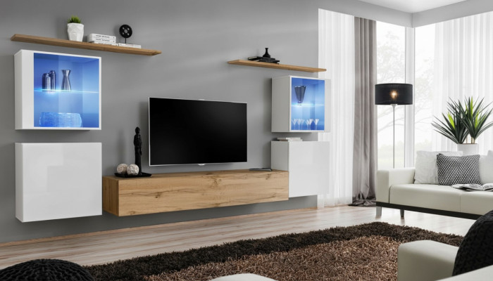 Ensemble complet de meuble TV Braun 4 pièces, mobilier de salon design, étagères murales.