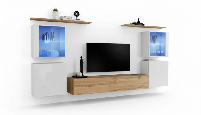 Ensemble complet de meuble TV Braun 4 pièces, mobilier de salon design, étagères murales.