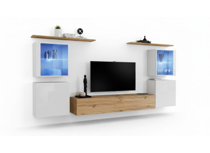 Ensemble complet de meuble TV Braun 4 pièces, mobilier de salon design, étagères murales.