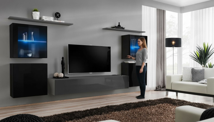 Ensemble de meubles de salon 7 pièces, buffet de luxe gris, unité murale nouvelle de designer.