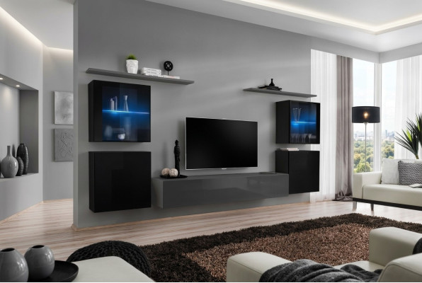 Ensemble de meubles de salon 7 pièces, buffet de luxe gris, unité murale nouvelle de designer.