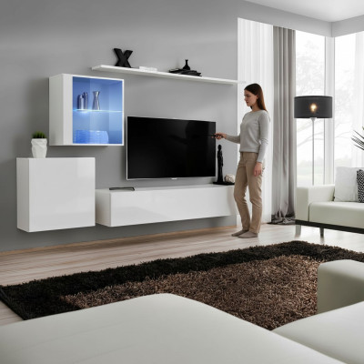 Ensemble complet d'unité murale TV, table basse, bahut de luxe blanc laqué neuf du designer.