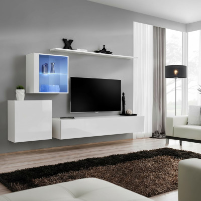 Ensemble complet d'unité murale TV, table basse, bahut de luxe blanc laqué neuf du designer.