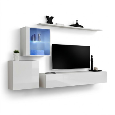 Ensemble complet d'unité murale TV, table basse, bahut de luxe blanc laqué neuf du designer.