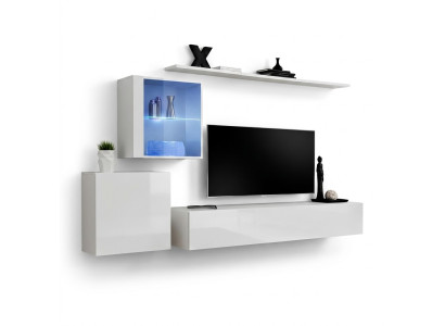 Ensemble complet d'unité murale TV, table basse, bahut de luxe blanc laqué neuf du designer.