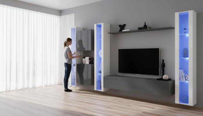 Salon Ameublement Armoire murale Gris Vitrine suspendue Ameublement de luxe Moderne