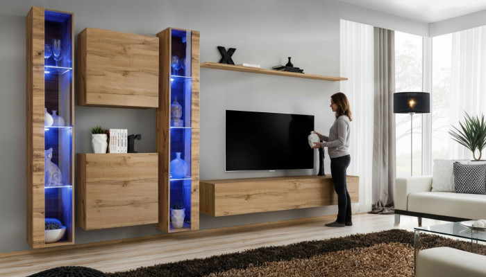 Unité murale marron, vitrine suspendue moderne, armoire suspendue, mobilier de luxe, ensemble mural