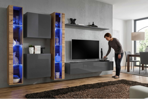 Luxueux ensemble complet de 6 pièces gris pour télévision, buffet bas mural, meuble mural, bahut moderne.