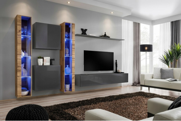 Luxueux ensemble complet de 6 pièces gris pour télévision, buffet bas mural, meuble mural, bahut moderne.