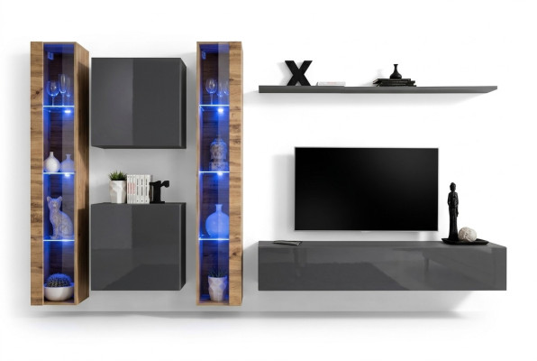 Luxueux ensemble complet de 6 pièces gris pour télévision, buffet bas mural, meuble mural, bahut moderne.
