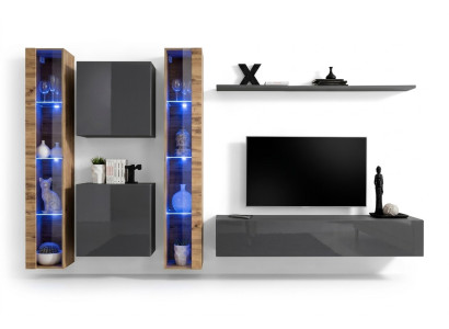 Luxueux ensemble complet de 6 pièces gris pour télévision, buffet bas mural, meuble mural, bahut moderne.