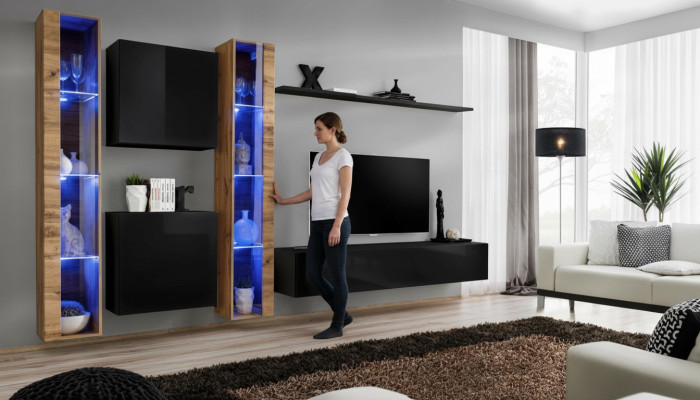 Unité murale Meuble mural Design moderne Table basse TV Noire Mobilier de salon Complet