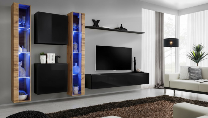 Unité murale Meuble mural Design moderne Table basse TV Noire Mobilier de salon Complet
