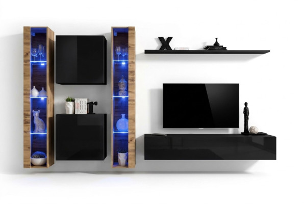 Unité murale Meuble mural Design moderne Table basse TV Noire Mobilier de salon Complet