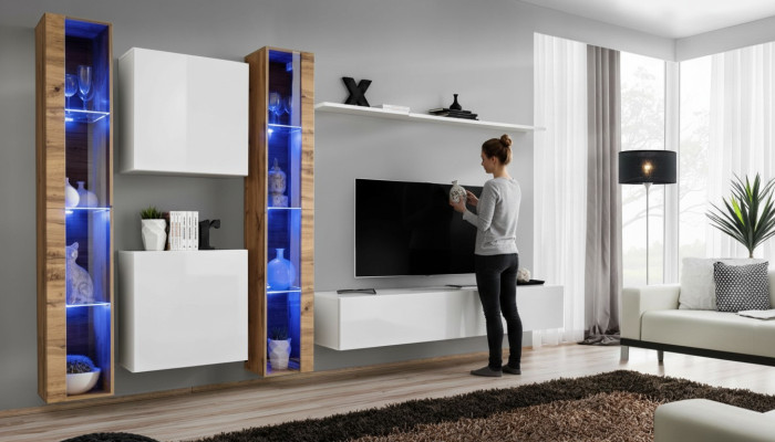 Meuble TV blanc bas, unité murale, design de meuble de salon, buffet de luxe