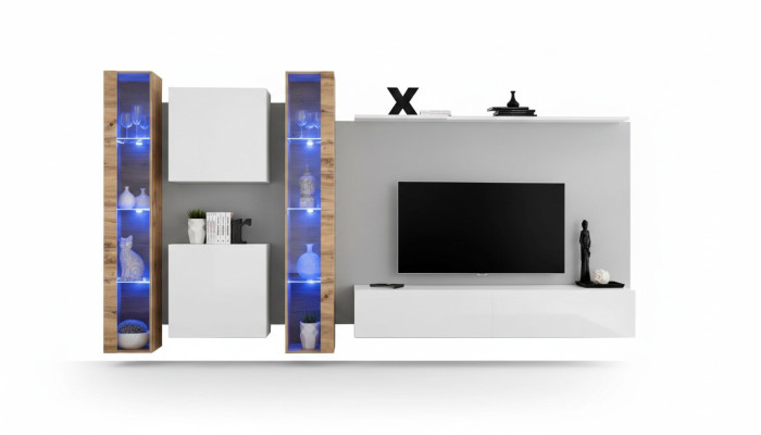 Meuble TV blanc bas, unité murale, design de meuble de salon, buffet de luxe