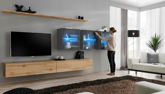 Ensemble mural complet de 7 pièces, 340 cm, meuble-TV, buffet bas, bahut, mobilier de luxe.