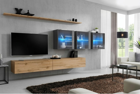 Ensemble mural complet de 7 pièces, 340 cm, meuble-TV, buffet bas, bahut, mobilier de luxe.