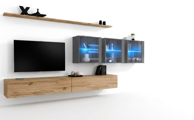 Ensemble mural complet de 7 pièces, 340 cm, meuble-TV, buffet bas, bahut, mobilier de luxe.