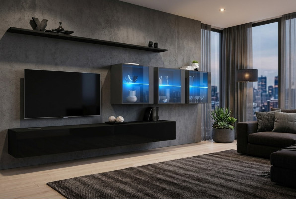 Ensemble mural de 7 pièces, mobilier de salon moderne, meuble TV design, étagères murales complètes.