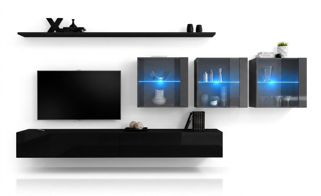 Ensemble mural de 7 pièces, mobilier de salon moderne, meuble TV design, étagères murales complètes.