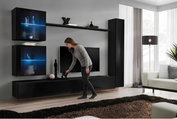 Ensemble complet d'unité murale noire - meubles design TV Lowboard moderne
