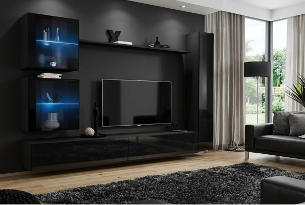 Ensemble complet d'unité murale noire - meubles design TV Lowboard moderne