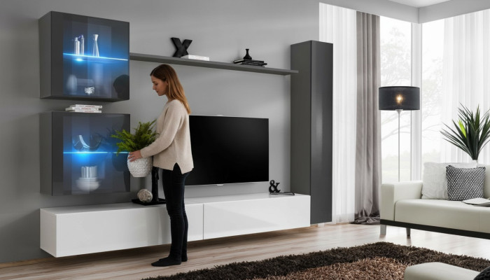 Unité murale design Meuble TV moderne Buffet bas Mobilier de salon Gris Bahut